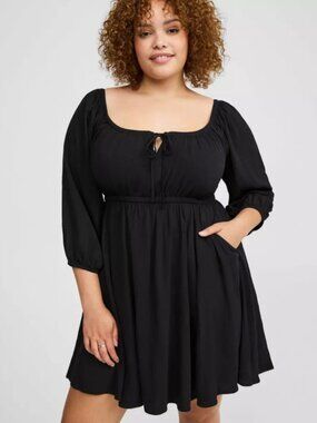 NWT Torrid 1 Black Mini 3/4 Sleeve Tie Front Detail Babydoll Dress 1X 14 16